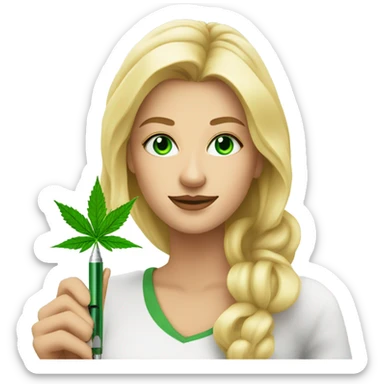 Pretty Blonde woman with green eyes holding a green weed pen  sticker