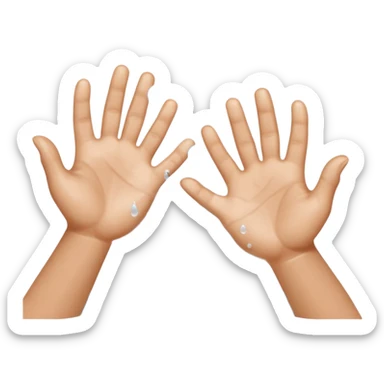 Minimal, flat-design icon of two human hands being washed under flowing water with soap bubbles, no text, high contrast, universally recognisable, plain white background sticker