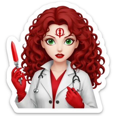Lilith symbol sexy evil woman. She has green eyes.  had brown long curly hair.  evil surgeon kills with scalpel wears red sexy doctor coat with red mouth cover red gloves sticker