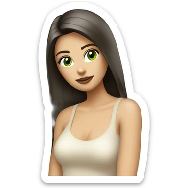 beautiful girl with long straight shiny dark brown hair, big green eyes and big pale pink lips. Wearing a cream tank top sticker