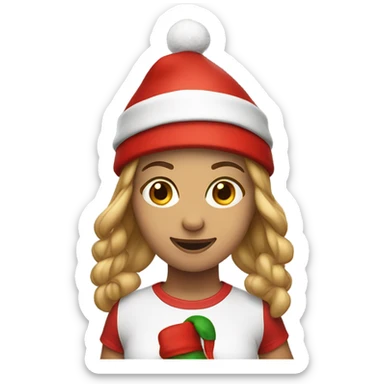 Emoji of a sporty girl in a top and leggings with a red Christmas hat. sticker