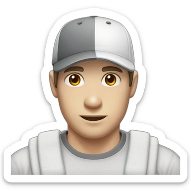 Pale skinned fit Man with dark brown hair in a white cap, gray jeans and gray polo T-shirt keeping a pasted with tape white box into his hands sticker