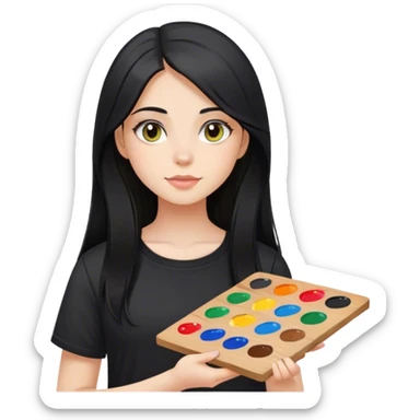 A girl with long black hair and hazel eyes holding a paint palette wearing black shirt  sticker