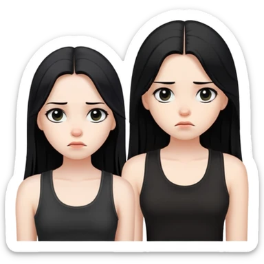 girl with long straight black hair, pale skin, dark eyes, black tank top, bored expression sticker