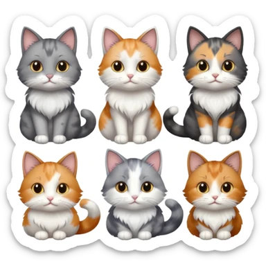 6 realistic looking cats with different natural coloured coats, assorted grey and white, greys, calico, brown and white colours etc
 sticker