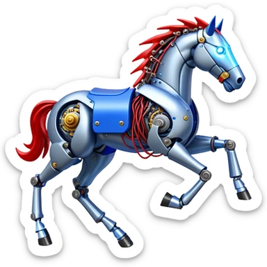 fast electric horse made of electricity, metal plates, bolts, visible blue and red wires, lightning coursing through its body, mechanical hooves sticker