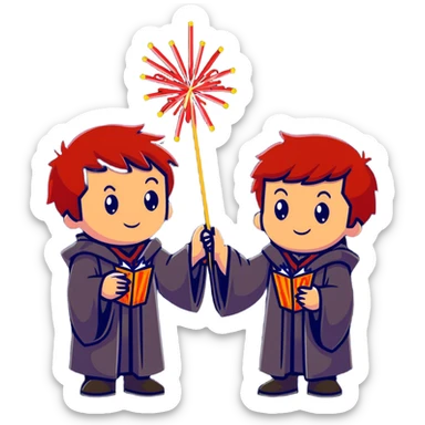 Fred and George Weasley with matching red hair and Gryffindor wizard robes, holding fireworks sticker