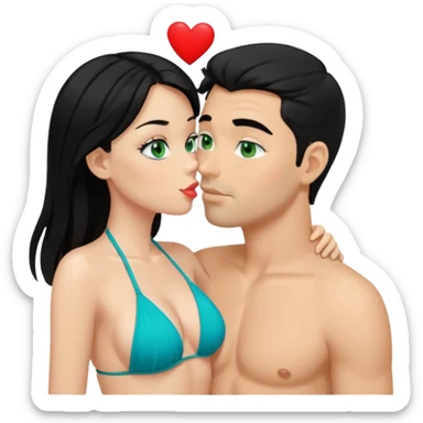Blonde Queen with crown Green eyes blue Bikini whole body Kissing man black Hair Hearts sticker