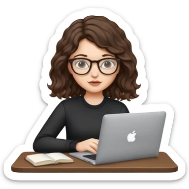 Girl wearing glasses, wavy brunette, studying with macbook sticker