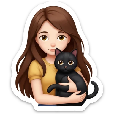 A girl with long brown hair hugs a black cat tightly sticker