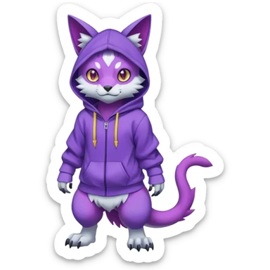 Colorful neon glowing abyssal garurumon-purloin-feline-Fakemon-Digimon-creature wearing a violet hoodie fursona (full body)  sticker