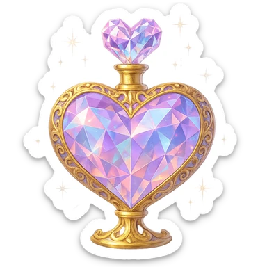 luxurious crystal elixir bottle in heart shape, pastel gradient, lots of shine, facets, ornaments, golden details, magical effects, very small golden neck, transparent background, beautiful merging base, clearly floating in air, no ground or shadow, premium class, matching a collection sticker