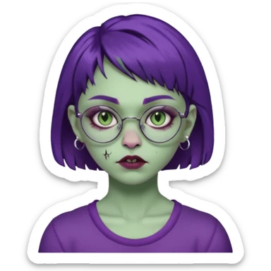 Una mujer zombie con perforacion en la nariz y perforación Madonna, lentes tipo ojo de gato, fleco pequeño y cabello largo morado oscuro  sticker