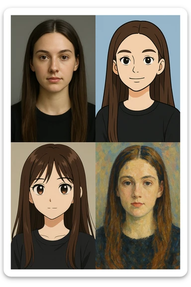 portrait of a girl with long straight brown hair, different styles sticker