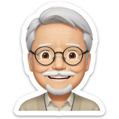 _cinematic-realistic-portrait-of-hayao-miyazaki,-depicted-with--large-rectangular-glasses,-his-happy-expression-rendered-in-lifelike-detail,-illuminated-with-soft,-realistic-lighting-that-emphasizes-his-creative-genius, his eyes shut  closed because of his large smile. eyes are shut sticker