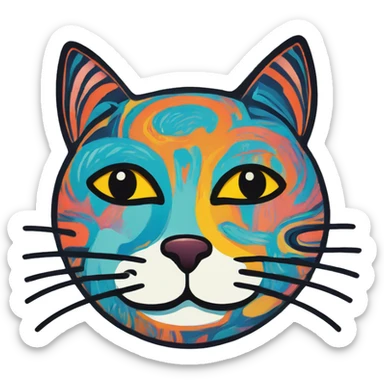 Abstract quirky funky cat made of different shapes and squiggles linocut multicoloured illustrations  sticker
