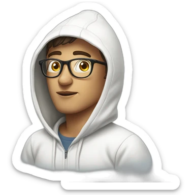 a man in a white hoodie with glasses and egg-shaped face sticker