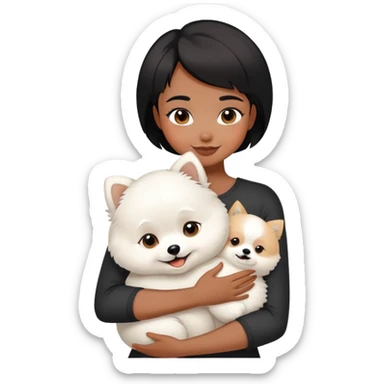 A black short-haired girl happily hugs a white Pomeranian sticker