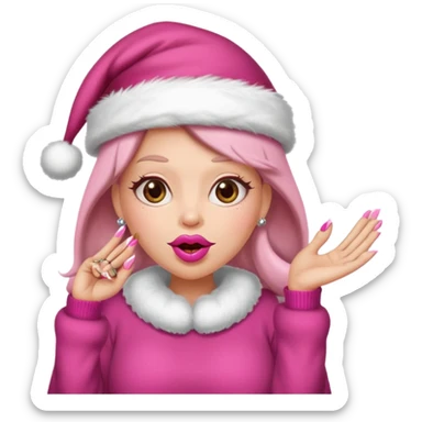 Sassy, cunty, girly Santa emoji with big lips, long nails, pink sweater, and a pink santa hat. sticker