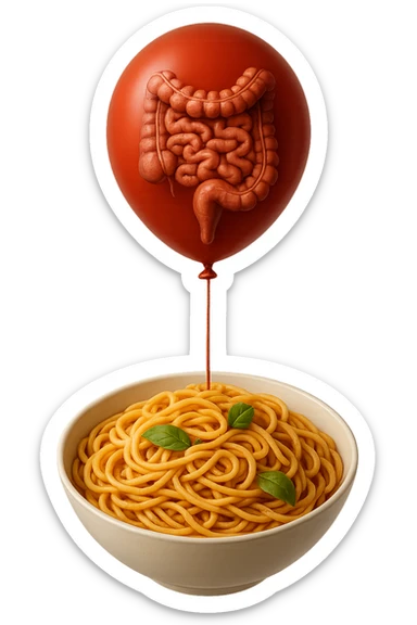 bowl di pasta fluttua in aria insieme ad un palloncino rosso con all'interno un intestino umano anatomico realistico, iperrealistico 4k sticker