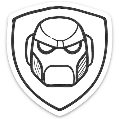 Create a badge symbol featuring the robot's face from the reference image, preserving enough detail for recognizability. Place the face within a badge or shield shape. Use a transparent background. The style is hand drawn icon with no fill, suitable for clear and simple badge design. sticker