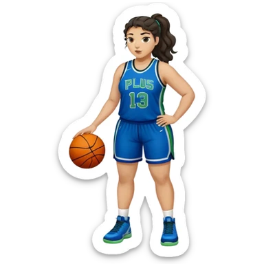 full body plus size light skin  latino women basketball player with wavy dark hair in pony tail wide nose wearing blue uniform with green accent sticker