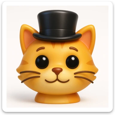 3D rendered emoji-style illustration, glossy plastic-like materials, soft ambient occlusion, rounded forms, high-detail textures, clean white background, Apple emoji aesthetic, subsurface scattering on skin, vibrant saturated colors, cute proportions with large expressive eyes, studio lighting with soft shadows, cat wearing a tophat sticker