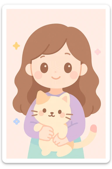 a girl with long wavy brown hair and brown eyes holding a cat, friendly and appealing style sticker