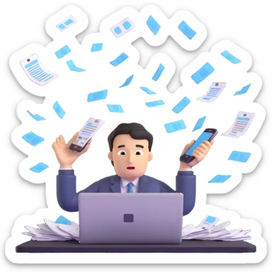 person holding a phone in one hand, laptop open in front, storm of receipts, invoices, and reminders swirling around, multitasking chaos sticker