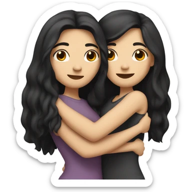 A lesbian couple with white skin and long black hair hugging intimately sticker