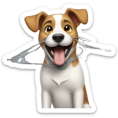 The dog is laughing, accidentally got caught in wires or dropped an instrument. sticker