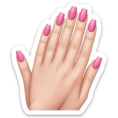  pink close-up of a hand with beautifully manicured nails, glossy pink nail polish, elegant nail shape, soft lighting and shadows, realistic style, sticker