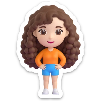 3D cartoon female character with white skin tone, long naturally curly brown hair, playful vibe, Bitmoji-like style, suitable for emoji faces sticker