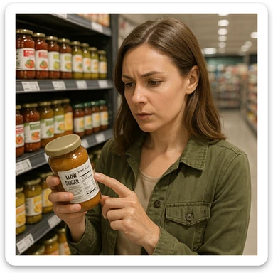 woman checking food labels at supermarket, looking for low sugar products, attentive expression, awareness atmosphere, realistic details, supermarket background sticker