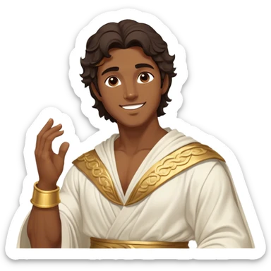 Cinematic Realistic Hercules Portrait, head tilted playfully and inquisitively, capturing the spirit of a timeless Greek hero with a warm, inviting smile. His bronze, marble-like skin and thick, wavy dark hair are rendered with classical precision, while his flowing white robe with delicate golden embellishments accentuates his muscular form. Soft natural light brings out the playful yet powerful essence of this legendary figure. sticker