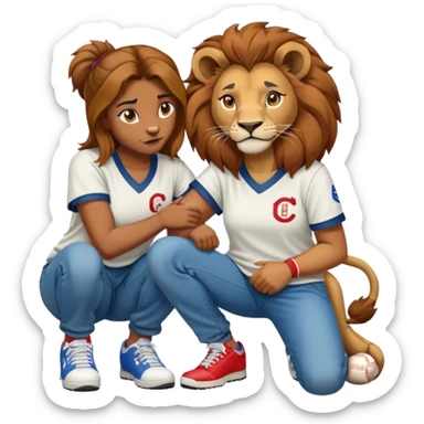 confident anthropomorphised female lion wearing a baseball shirt, jeans, and trainers, crouched on her hunches, comforting another character sticker