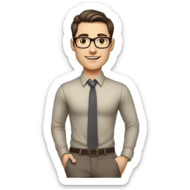 Pale skinned fit man with dark brown hair in gray jacket, beige office shirt, brown tie, brown pants and vintage glasses Writing on the marker board sticker