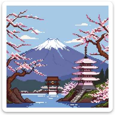 Mount Fuji with snow cap and cherry blossoms around the base sticker
