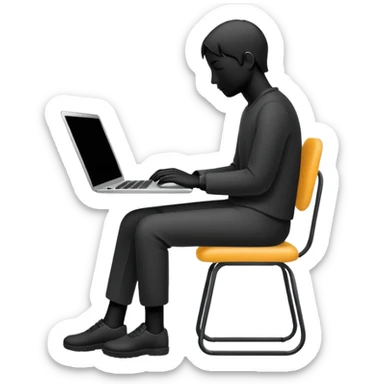 Minimalistic flat vector icon, iOS style, thin black contour on white background. Person silhouette sitting with a laptop, code brackets <> on the screen. Clean, no te sticker