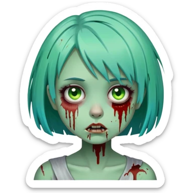 cartoon zombie girl with short turquoise hair bob cut, green decaying skin, bloody scars sticker