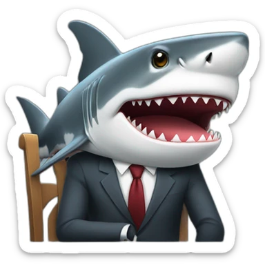 A shark sitting at a table wearing a suit looking straight ahead sticker
