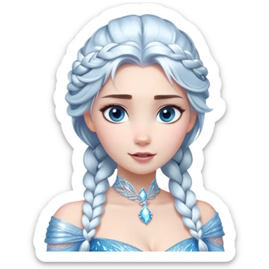 Cinematic Stunning Elsa Portrait Emoji, Ice-blue gown shimmering, platinum hair flowing in a graceful braid, piercing blue eyes glowing with icy magic, an aura of regal power and breathtaking beauty, frozen elegance at its finest! sticker