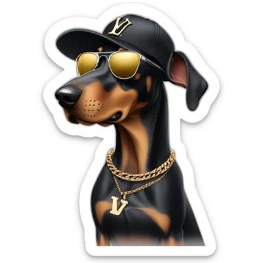 Dobermann dog wearing black Lois Vuitton sun glasses and a cap and a silver Cuban chain sticker