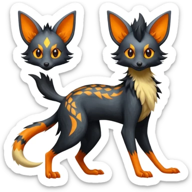 Lykoi-Fennekin-Electrike-Luxray-fusion-hybrid-animal-Fakémon-creature, full body, thin long sleek scaly tail, intricate markings sticker