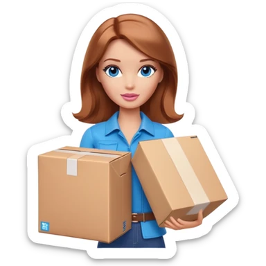 Barbie with shoulder-length reddish-brown hair, blue eyes with makeup, wearing brown clothes , stands with a parcel box sticker