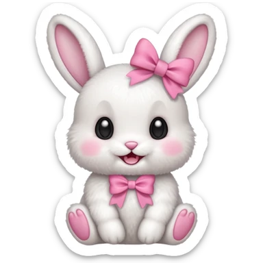 White fuzzy baby bunny with two teeth with a pink bow  sticker