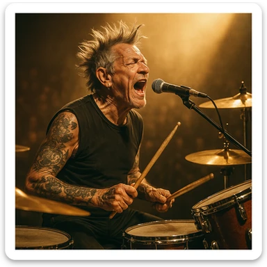 vintage rock drummer aged, singing passionately, spiked hair, tattoos, drum set, spotlight, retro concert vibe sticker