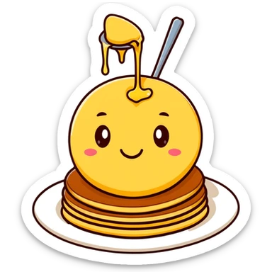 adorable pancakes with butter on top and maple syrup dripping down, smiling face sticker
