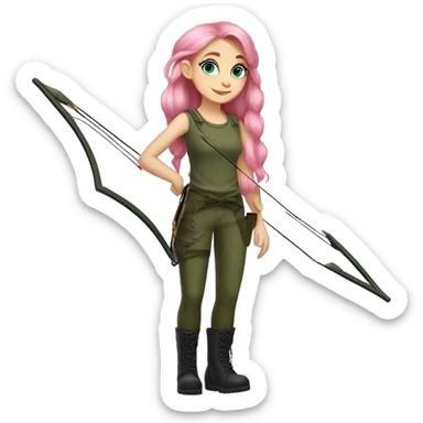girl holding bow and arrow, long pink hair, blue eyes, white skin, army green cargo pants, black tank top, black combat boots, elf ears sticker