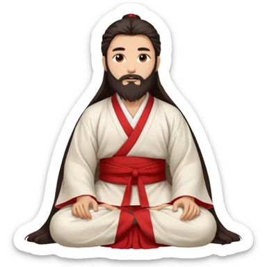 Beautiful man with lightly tan skin and dark long beard, long hair, in white and red Hanfu sitting on the ground sticker